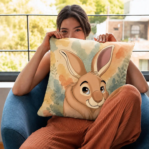 A person sitting in a blue armchair holds a square decorative pillow featuring a watercolor-style rabbit illustration. The room has a large window with outdoor greenery and buildings in the background.