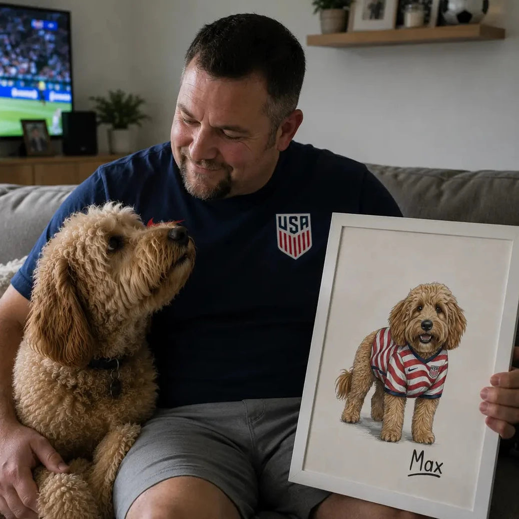 A man sitting on a couch with a golden doodog, holding up a framed custom pet portrait of the dog named Max wearing a red, white, and blue USA soccer jersey.