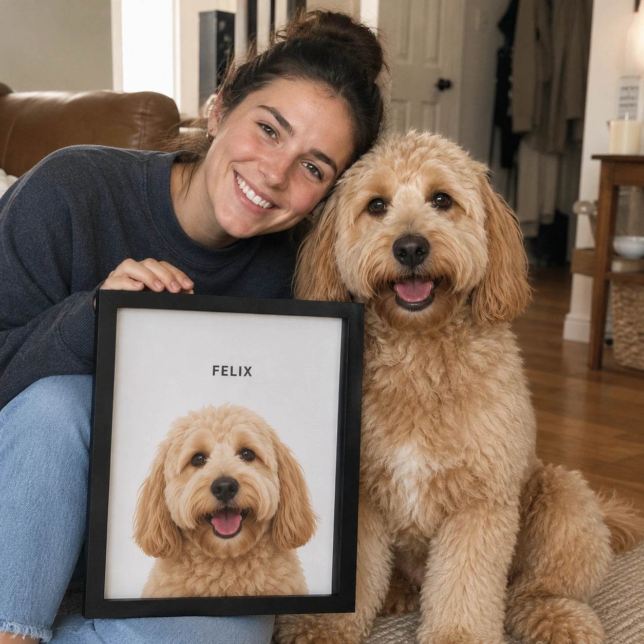 A woman sitting indoors with a fluffy light brown dog beside a framed custom pet portrait that reads 'FELIX' and shows a printed version of the dog's face.