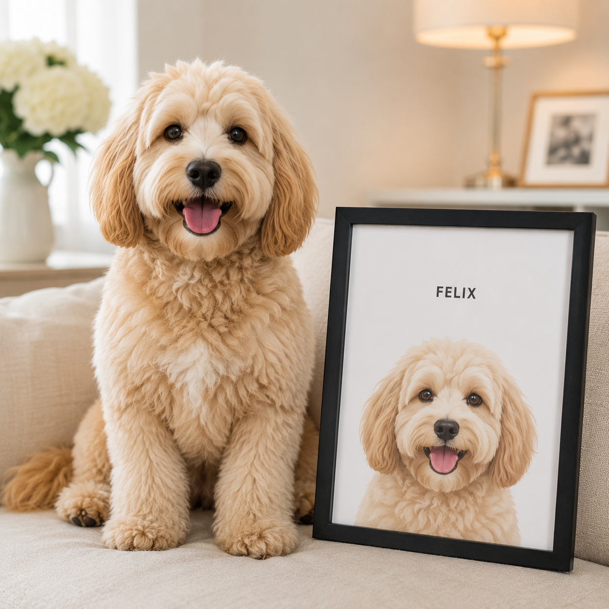 A fluffy cream-colored dog sits on a beige sofa beside a black-framed custom portrait print of the same dog with the name FELIX printed at the top.