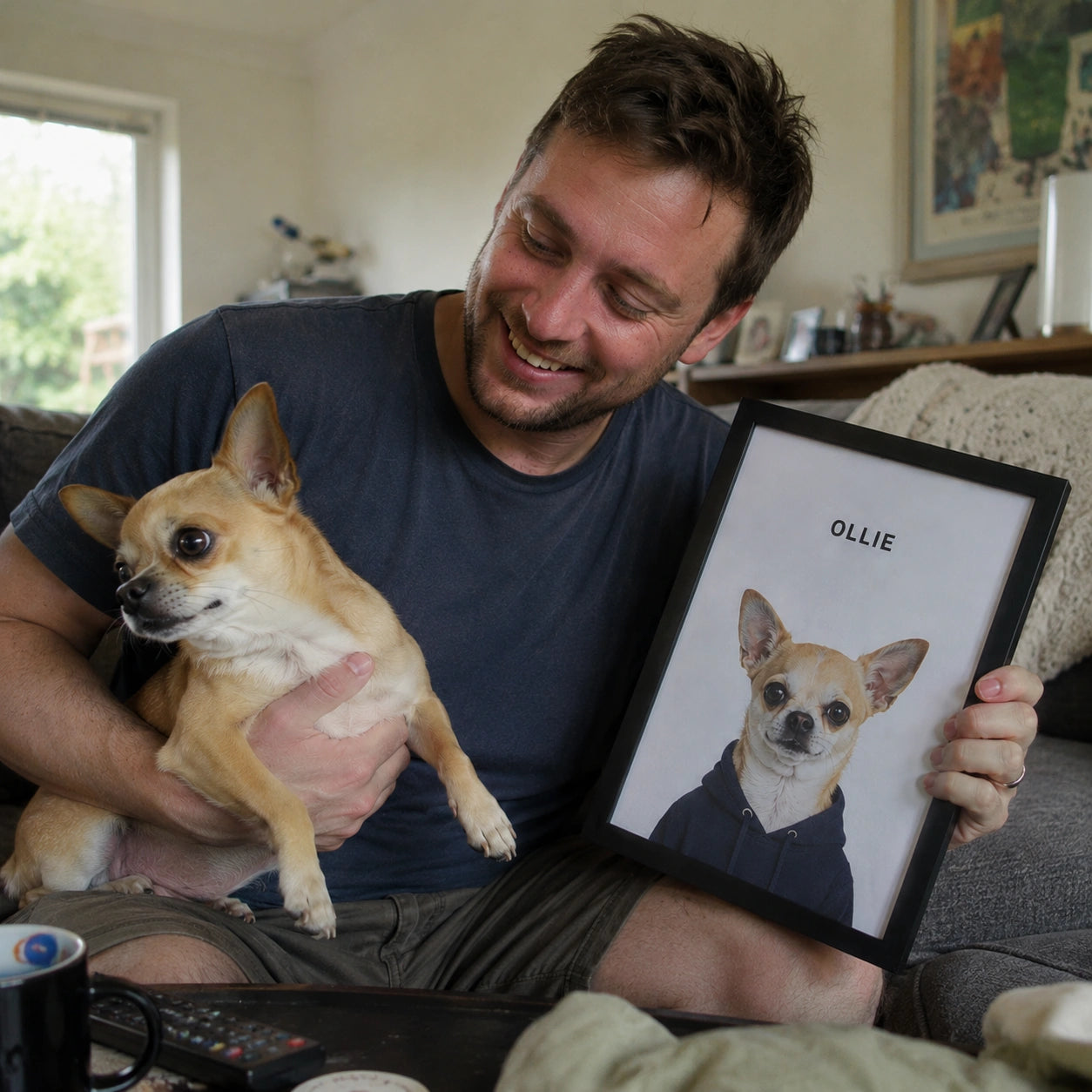 A man sitting on a couch in a living room holds a small tan chihuahua dog in his lap while also holding up a framed pet portrait print of the same dog with the name 'OLLIE' at the top.