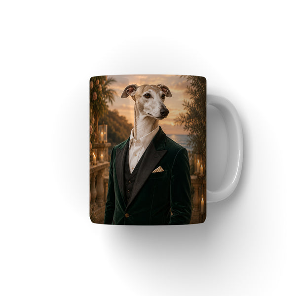 The Wedding Guest personalised white pet mug with a hand-illustrated formal portrait