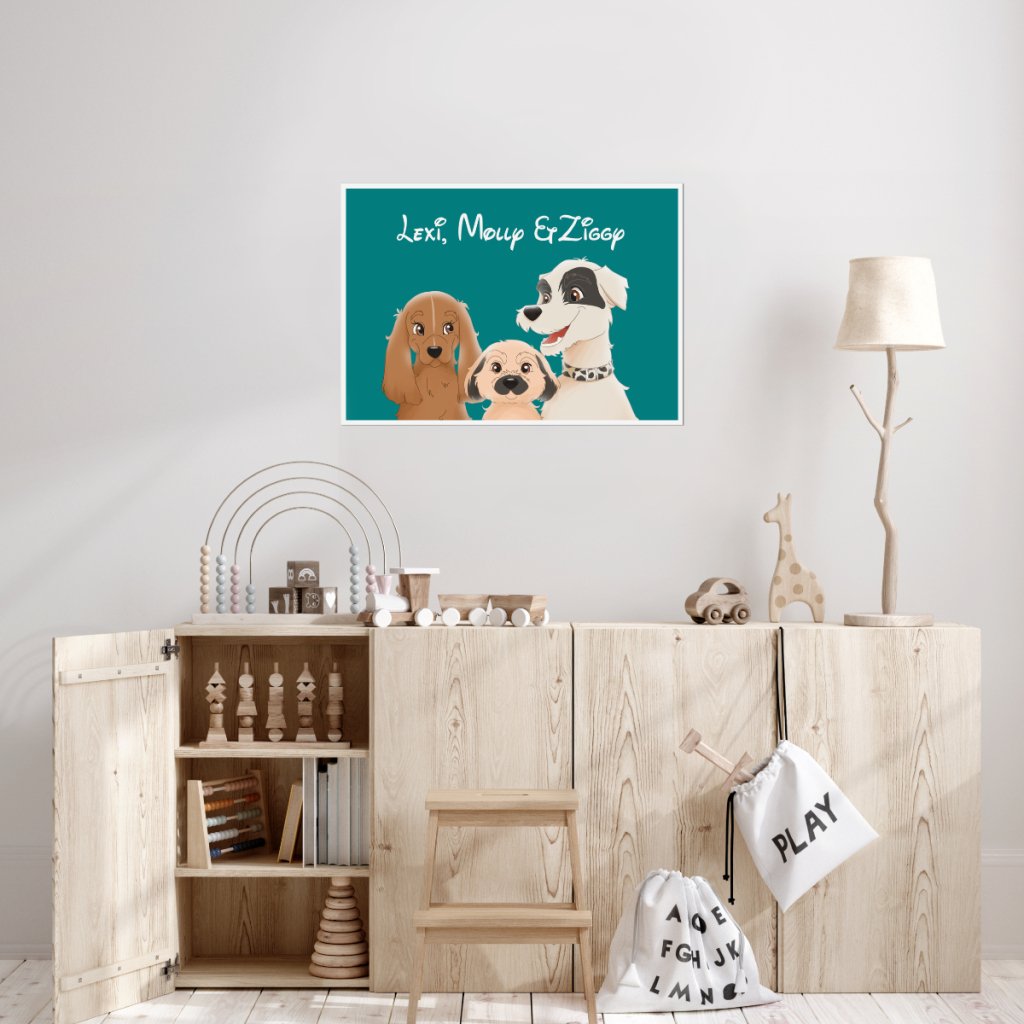 Cartoon: Custom Three Pet Poster - Paw & Glory - Dog Portraits - Pet Portraits