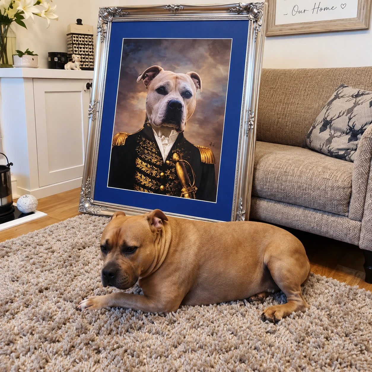 A real dog lies on a shag rug in a living room while the product is shown as a framed custom pet portrait leaning against the wall. The portrait depicts the dog in a military-style uniform with gold epaulets and a dark jacket, set within a bright blue mat and ornate silver frame.