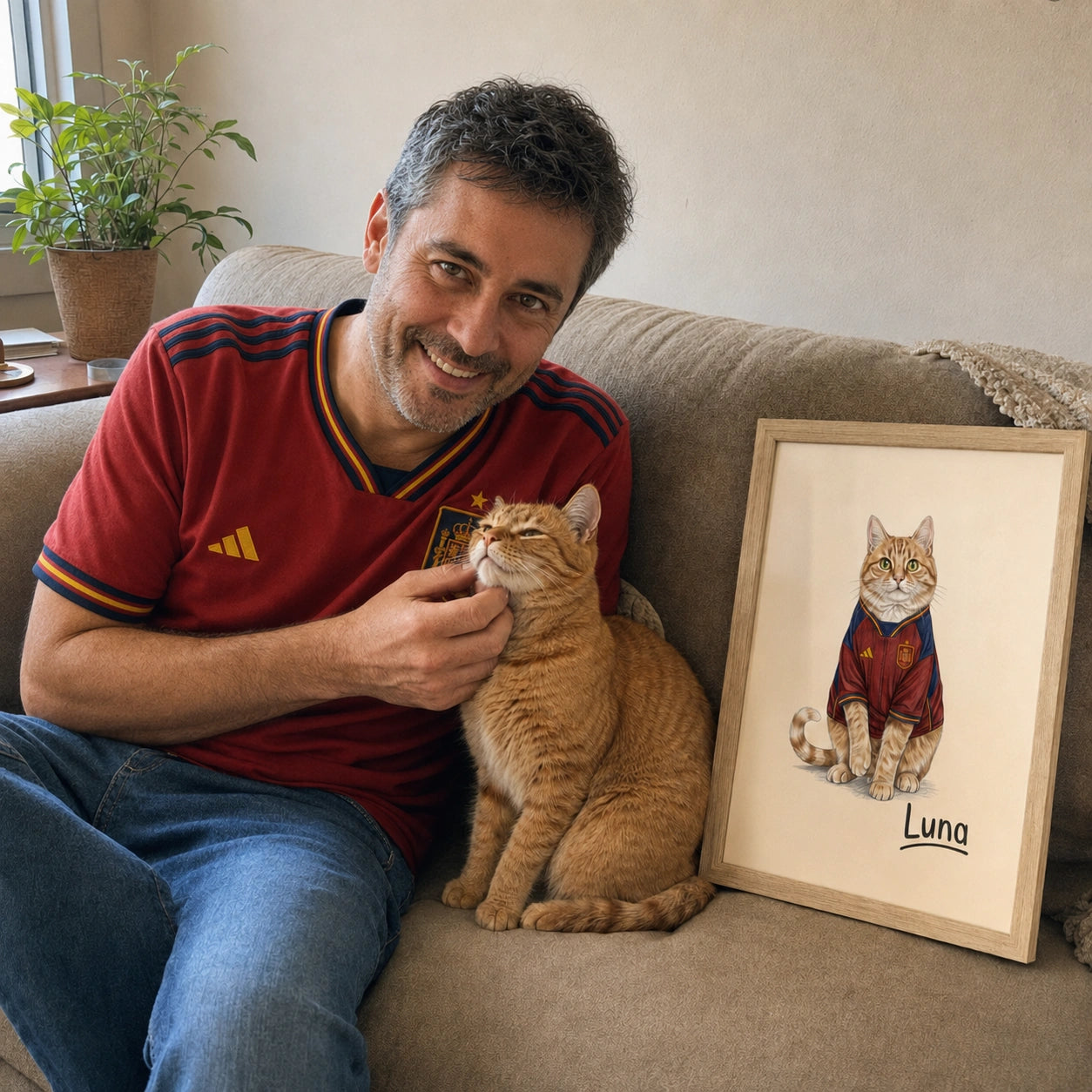 A man sitting on a beige couch with an orange tabby cat, next to a framed custom pet portrait of the cat named 'Luna' wearing a red and gold striped sweater. The man is wearing a red Adidas jersey.