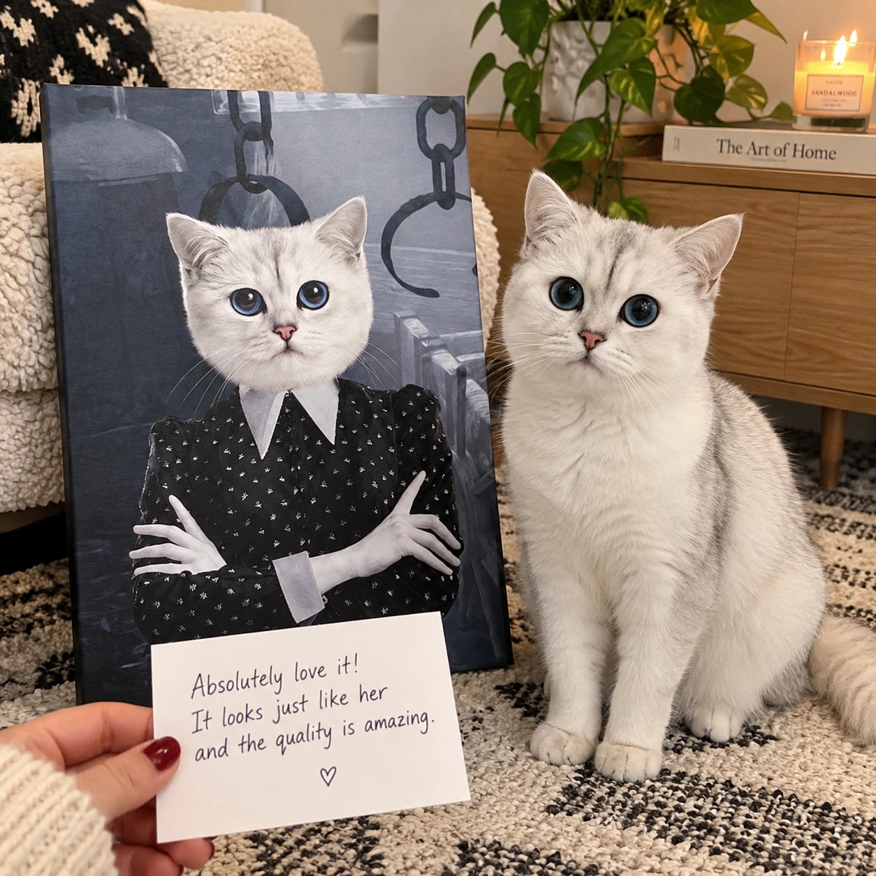 A white cat sits on a patterned rug next to a canvas print of a cat dressed in a black polka-dot outfit with a white collar. A hand holds a small card in front of the canvas that reads, 'Absolutely love it! It looks just like her and the quality is amazing.