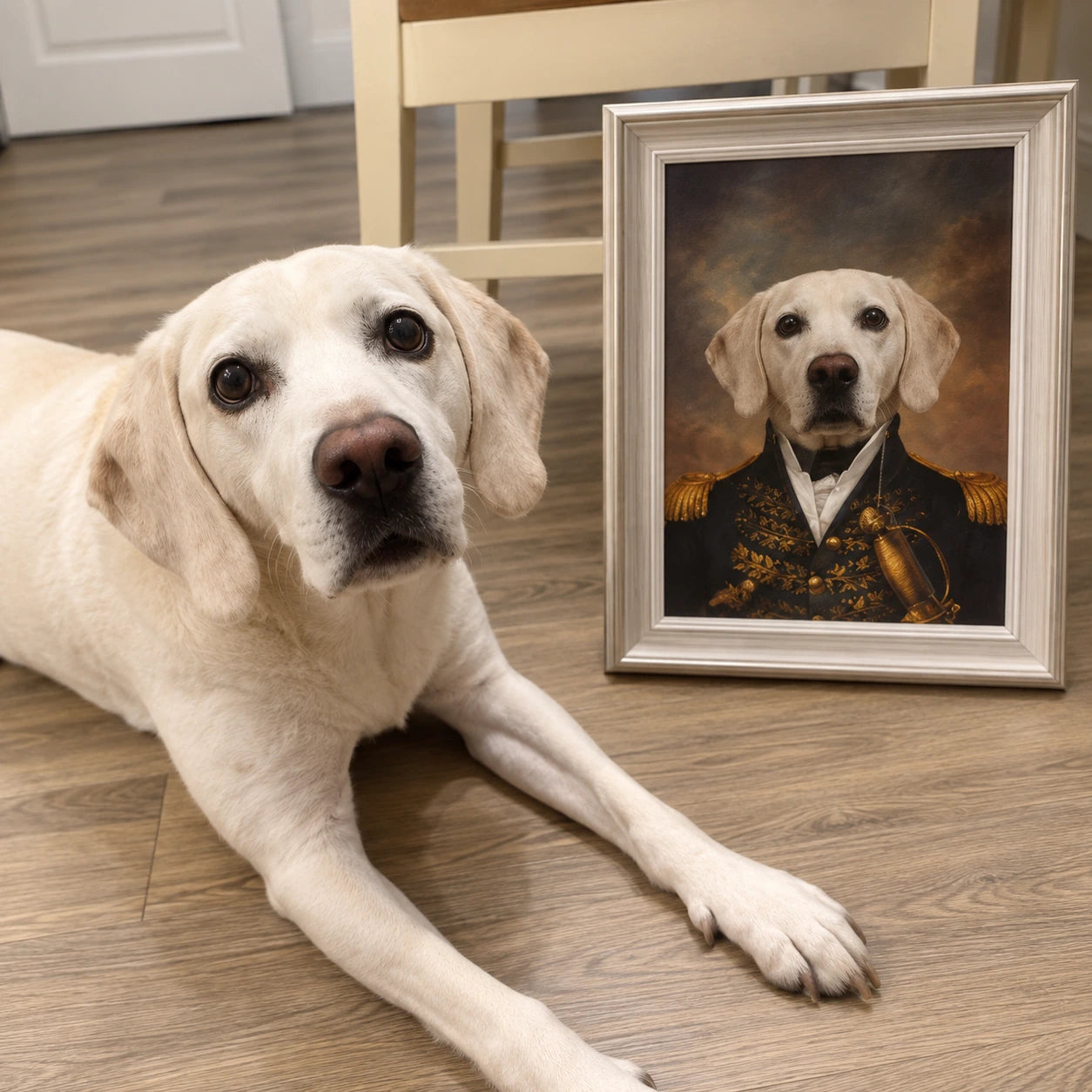 A cream-colored Labrador Retriever lies on a wood floor next to a framed custom pet portrait showing the dog dressed as an emperor in military uniform.
