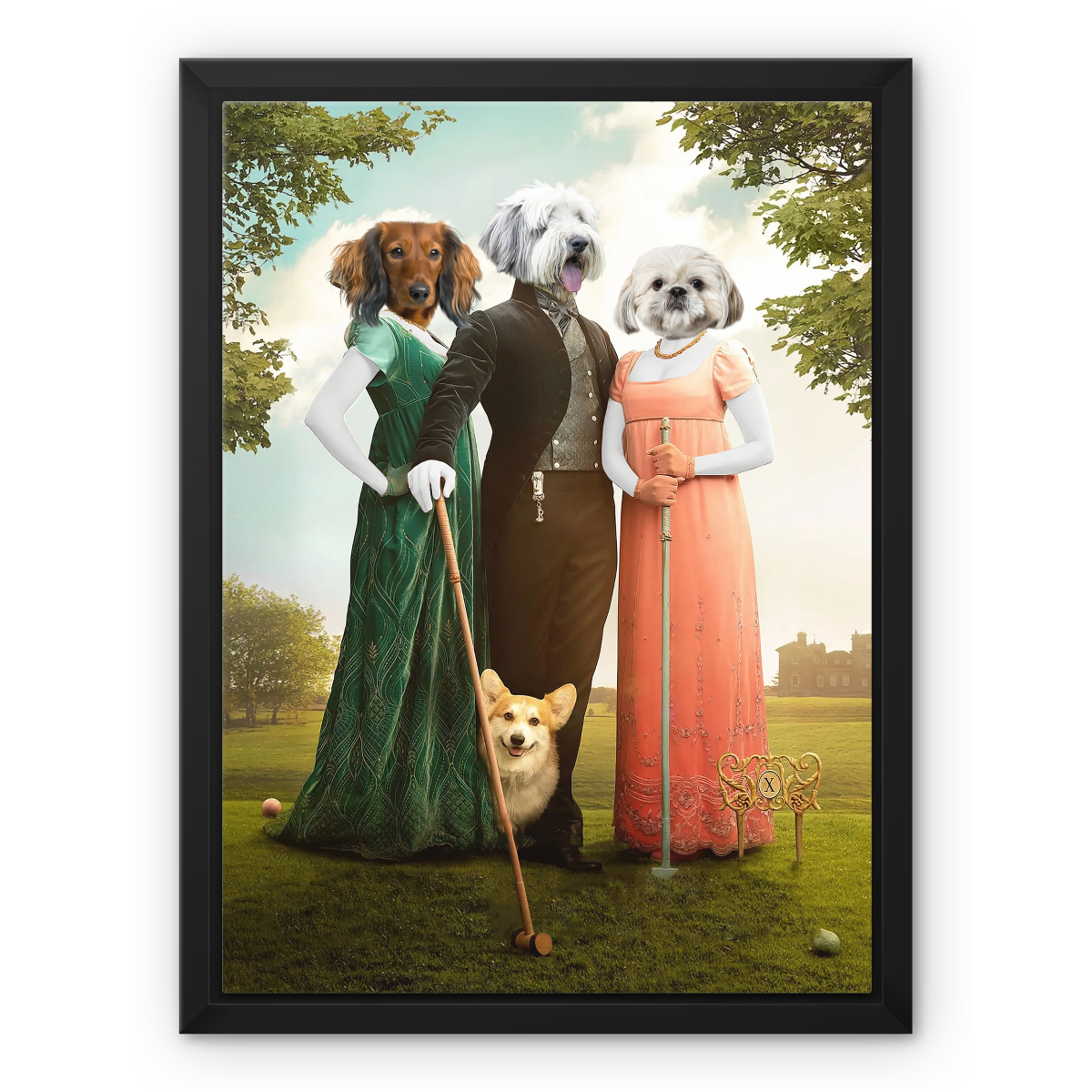 The Trio (Bridgerton Inspired): Custom Pet Canvas, Paw & Glory, paw and glory, dog art paintings, turn pet photos to art, pet artwork, dog paintings from photos, pet painting, personalized pet picture frames, Purr and mutt
