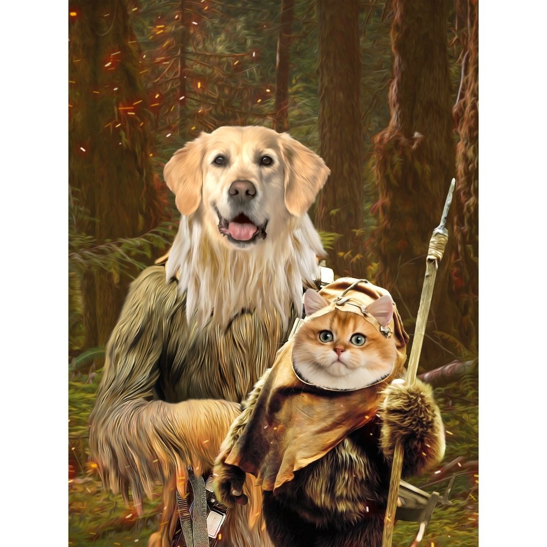 Pawbecca & Ewok (Star Wars Inspired): Custom Digital Pet Portrait - Paw & Glory, pawandglory, dog astronaut photo, draw your pet portrait, dog and couple portrait, pet photo clothing, pet portrait admiral, for pet portraits, pet portrait