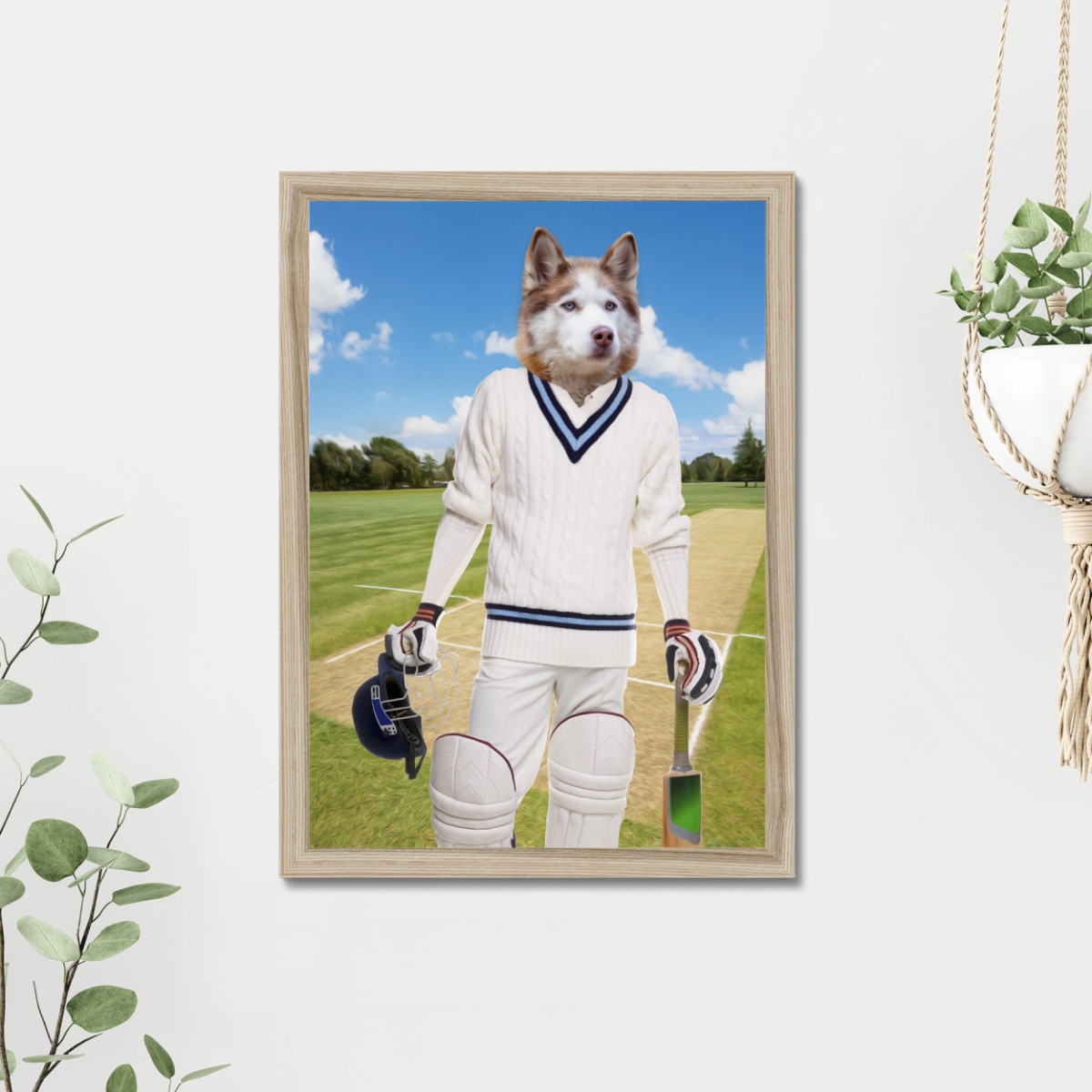 The Cricket Prodigy: Custom Pet Portrait - Paw & Glory, paw and glory, funny dog paintings, louvenir pet portrait, dog portraits as humans, funny dog paintings, dog portrait background colors, hogwarts dog houses, pet portraits