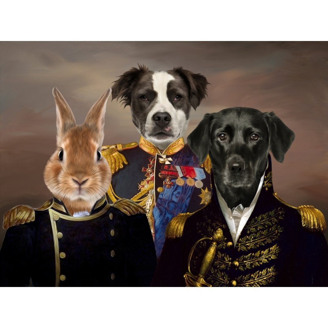 The Brigade: Custom 3 Pet Digital Portrait - Paw & Glory, paw and glory, personalized pet and owner canvas, dog portraits admiral, professional pet photos, custom dog painting, pet portrait admiral, best dog paintings, pet portraits