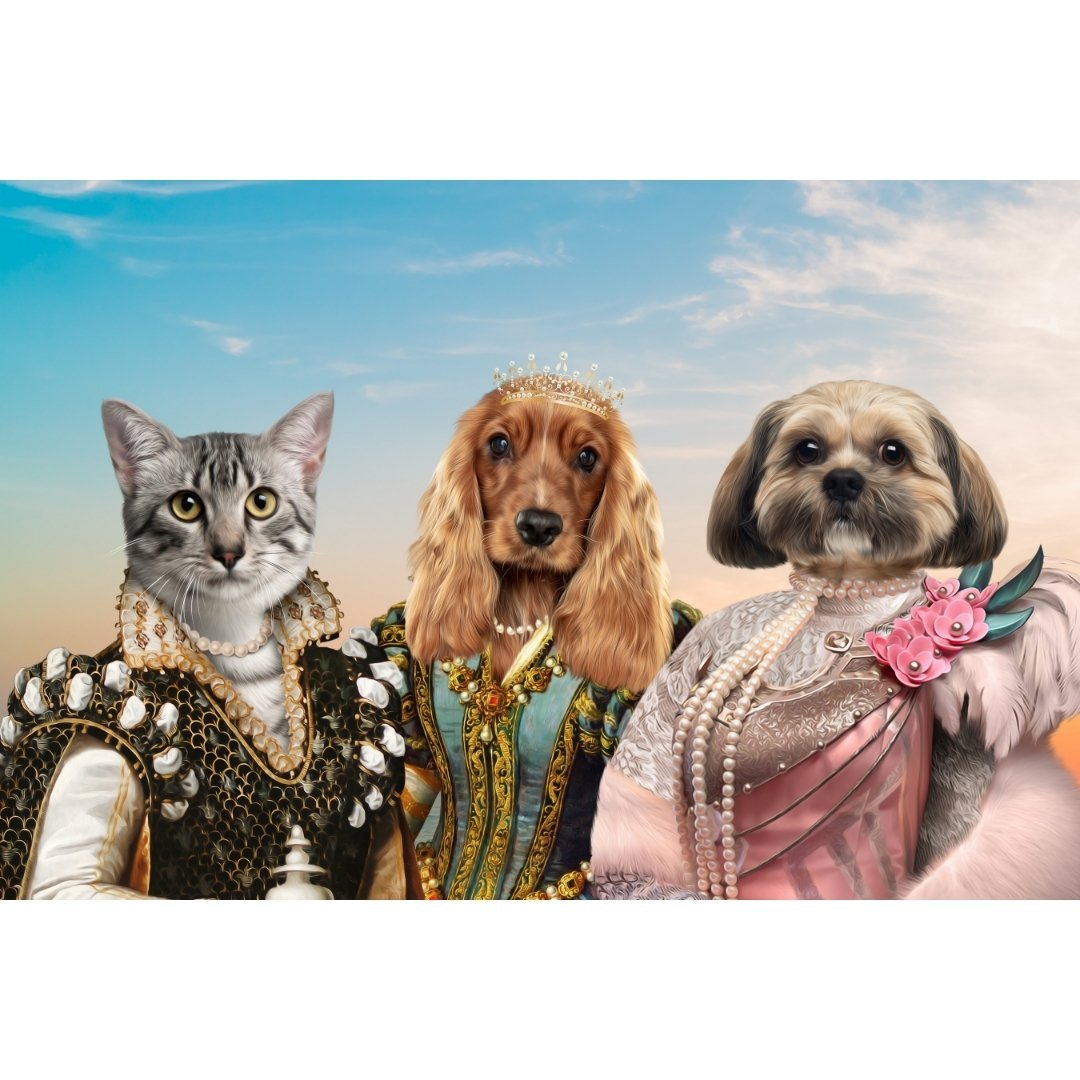 The Girlfriends: Custom 3 Pet Digital Portrait - Paw & Glory, paw and glory, renaissance dog painting, pet victorian portraits, print your dog, dog royalty painting, portrait of pet art, dog owner portraits, pet portraits