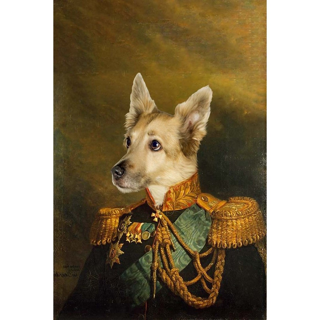 The Veteran Digital Portrait - Paw & Glory, paw and glory, dog on canvas, dog head on portrait, turn pet into art, queen dog portrait, pet gift card, etsy design my dog, pet portrait