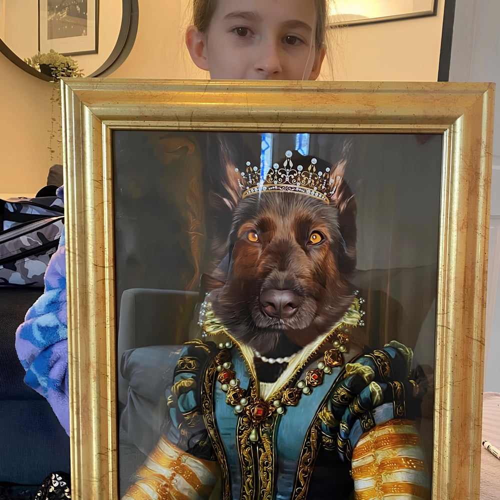 Framed pet portrait of a dog in royal attire with a young girl holding it.