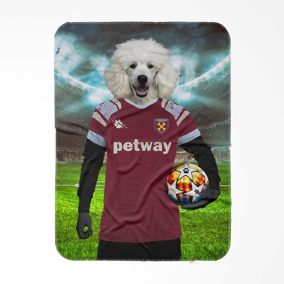 West Ham Football Club: Paw & Glory, paw and glory, personalised blankets for dogs, pet portrait blanket, pet canvas blanket, personalized blankets for dogs, blanket with dog, custom pet photo blanket, Pet Portraits blanket,