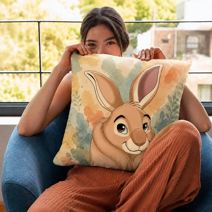 A person sitting in a blue armchair holds a square decorative pillow featuring a watercolor-style rabbit illustration. The room has a large window with outdoor greenery and buildings in the background.
