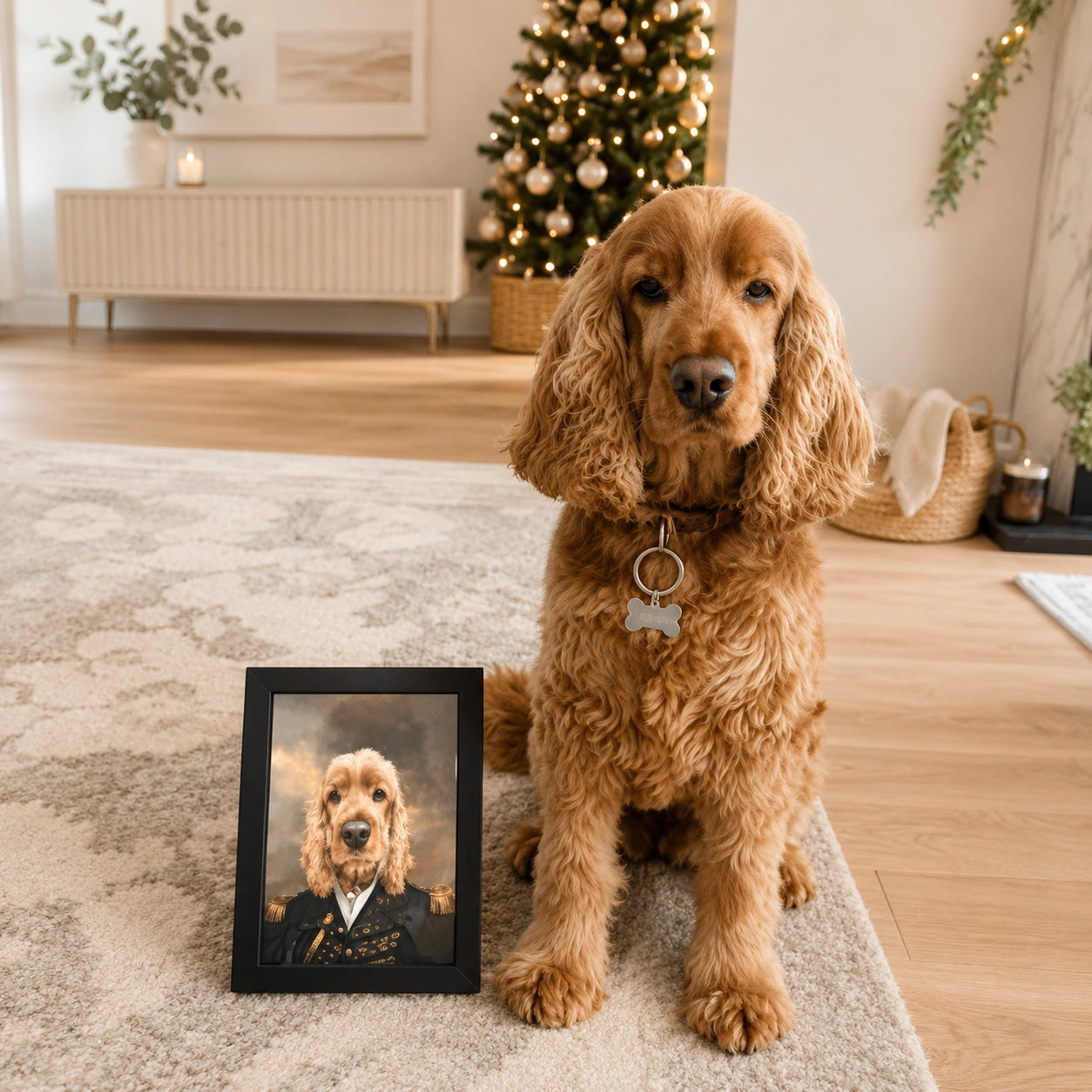Brown dog sitting next to a framed pet portraits of itself in a suit in a living room.