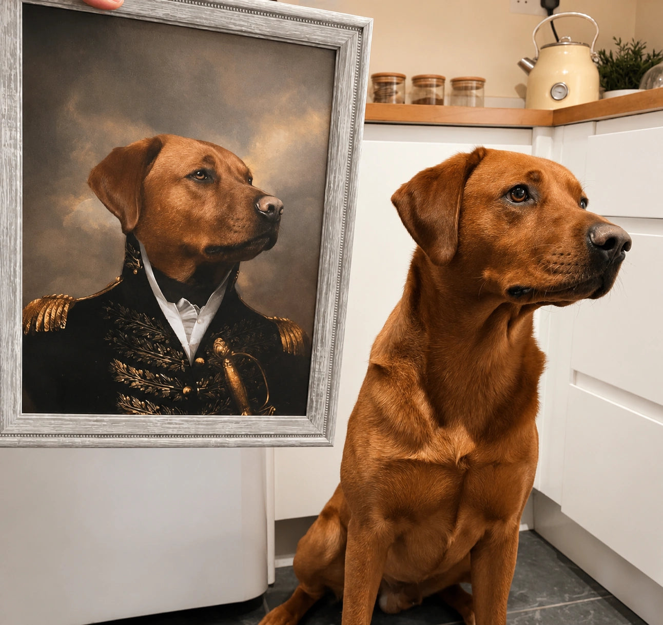 Dog sitting next to a framed portrait of itself dressed in a formal outfit.
