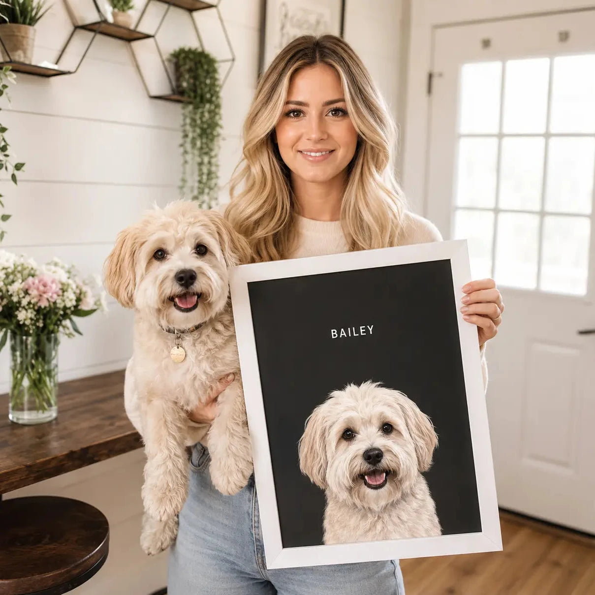 A woman sitting on a couch in a living room holds a smiling golden doodoodle on her lap and a framed custom pet portrait labeled 'TEDDY' in front of her. The scene includes a mug, pizza box, remote, and a real home interior background.