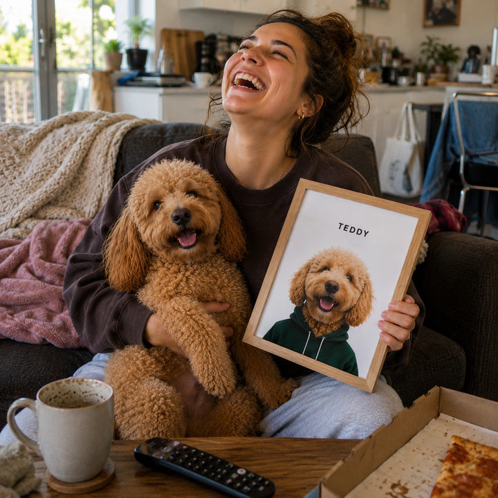 A woman sitting on a couch in a living room holds a smiling golden doodoodle on her lap and a framed custom pet portrait labeled 'TEDDY' in front of her. The scene includes a mug, pizza box, remote, and a real home interior background.