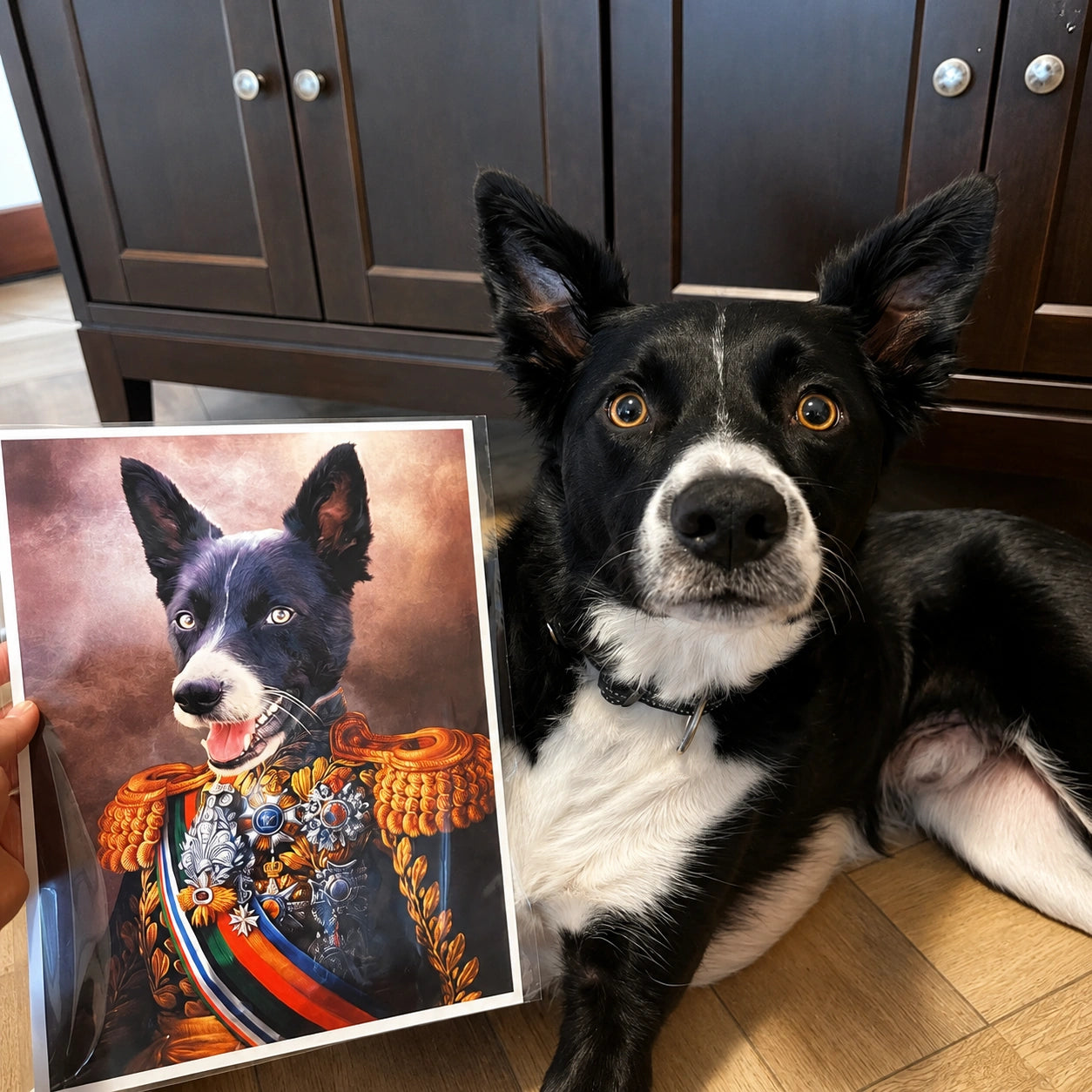 A black and white dog lies on a wood floor in front of dark wooden cabinets, holding a printed portrait of itself dressed in an ornate military-style uniform. The portrait shows a black coat with gold epaulets, blue details, and red accents against a warm brown background.