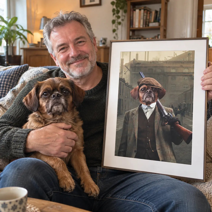 A smiling man sits on a couch holding a small brown dog in his lap and presents a framed custom portrait print. The print features a dog dressed in vintage clothing holding a rifle, set against a sepia-toned city street background.