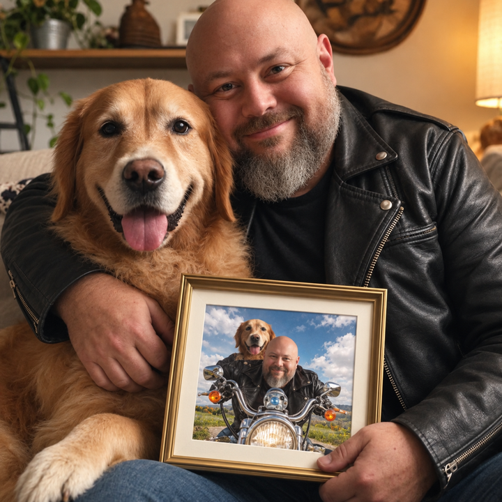 A man in a black leather jacket sits indoors with a golden retriever dog and holds a framed photo of the dog on a motorcycle. The room has warm lighting, shelves, and home decor in the background.