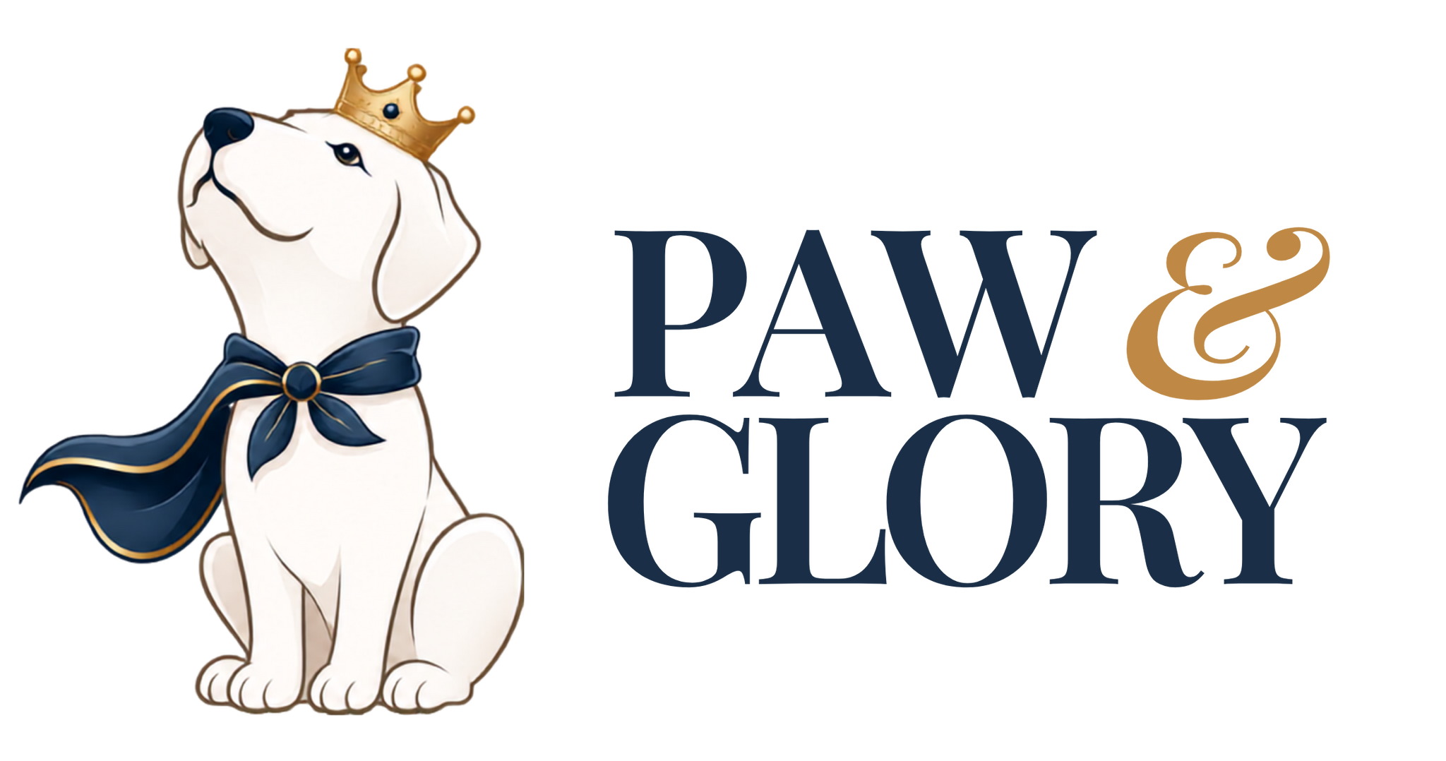 Logo of 'Paw & Glory' Pet Portraits featuring a dog with a crown and bow tie on a white background.