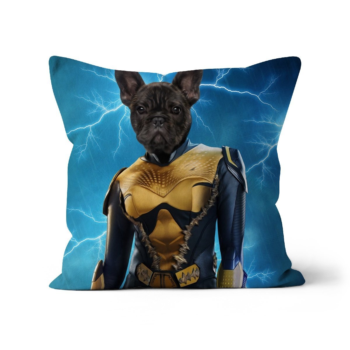 Pet Portraits | Black Lightening (DC Superhero Inspired): Custom Pet Pillow | Paw & Glory