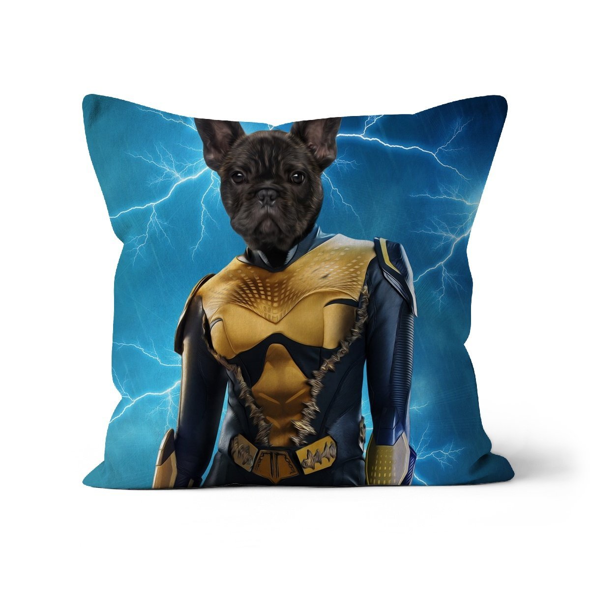 Pet Portraits | Black Lightening (DC Superhero Inspired): Custom Pet Pillow | Paw & Glory