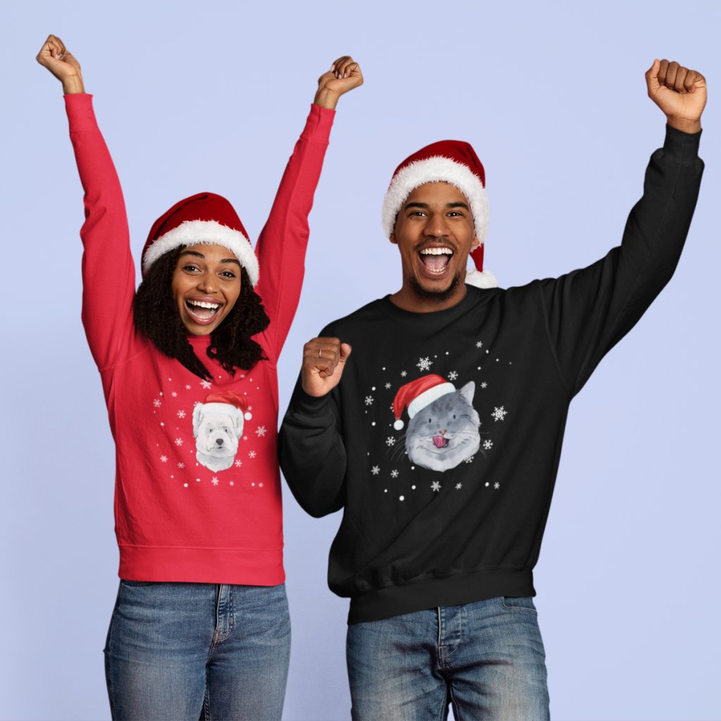 Pet Portraits | Custom Snowflakes and Santa Hat Pet Sweatshirt | Paw & Glory