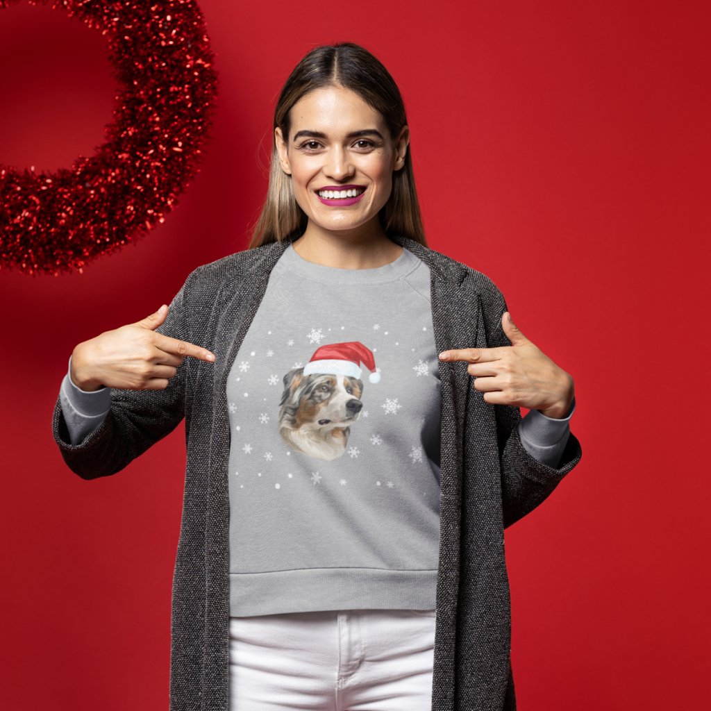 Pet Portraits | Custom Snowflakes and Santa Hat Pet Sweatshirt | Paw & Glory