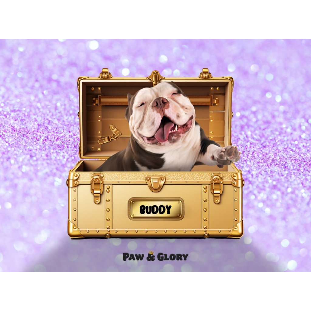 Pet Portraits | Glamour in Gold Luxury Trunk: Custom Digital Download Pet Portrait | Paw & Glory