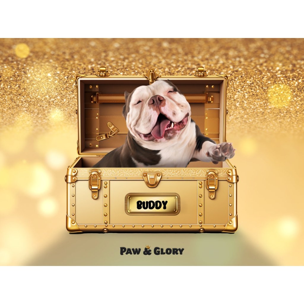 Pet Portraits | Glamour in Gold Luxury Trunk: Custom Digital Download Pet Portrait | Paw & Glory