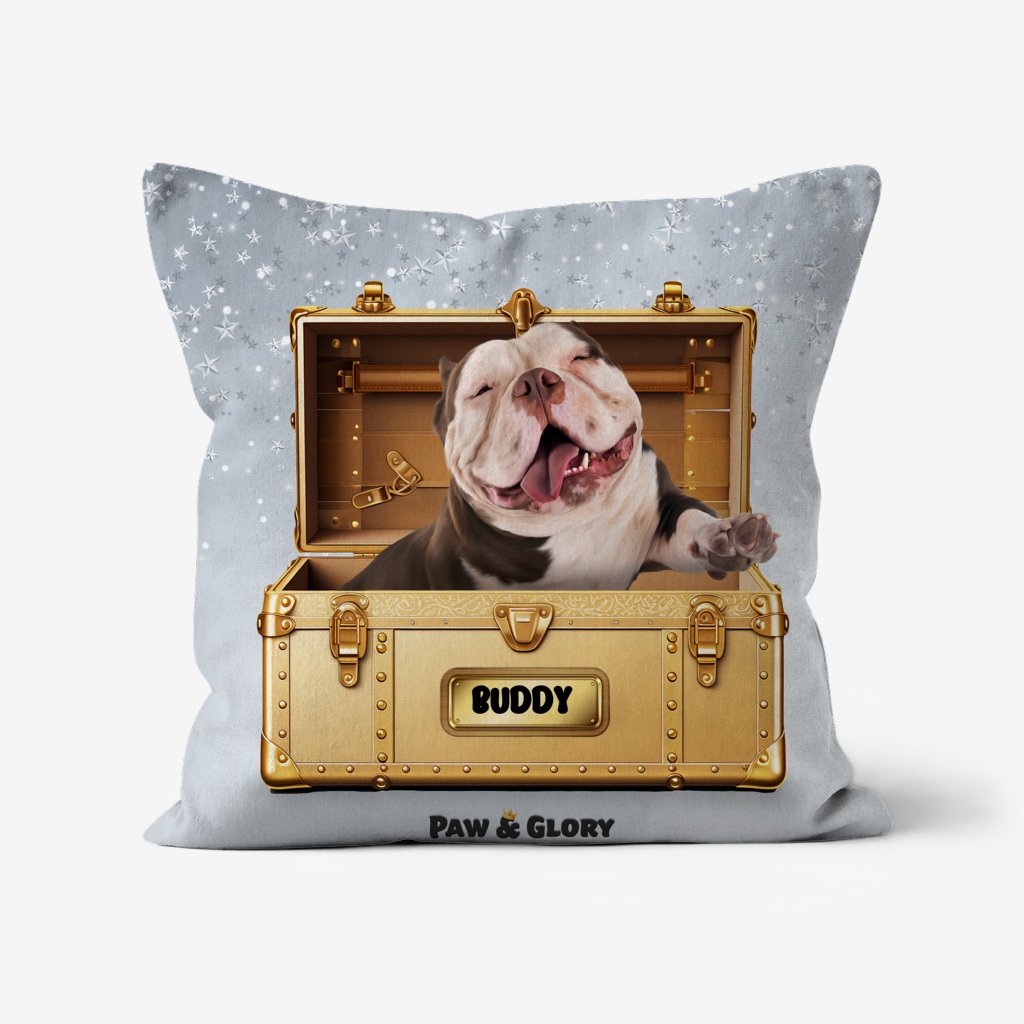 Pet Portraits | Glamour in Gold Luxury Trunk: Custom Pet Pillow | Paw & Glory
