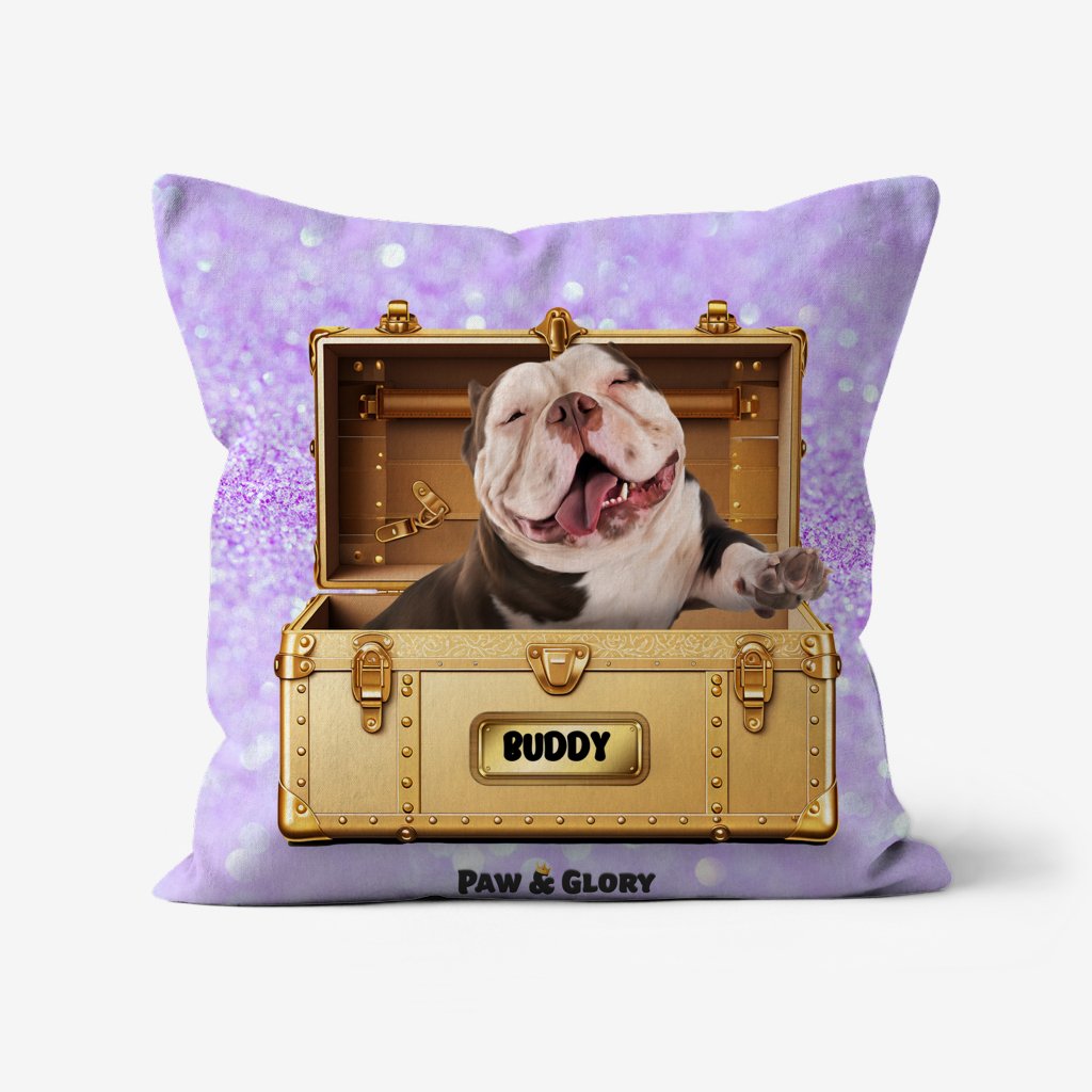Pet Portraits | Glamour in Gold Luxury Trunk: Custom Pet Pillow | Paw & Glory