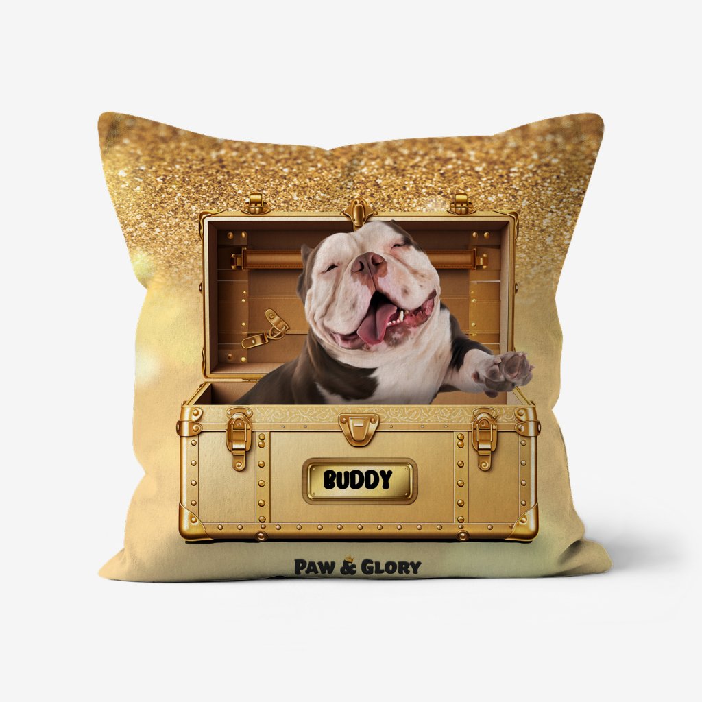 Pet Portraits | Glamour in Gold Luxury Trunk: Custom Pet Pillow | Paw & Glory