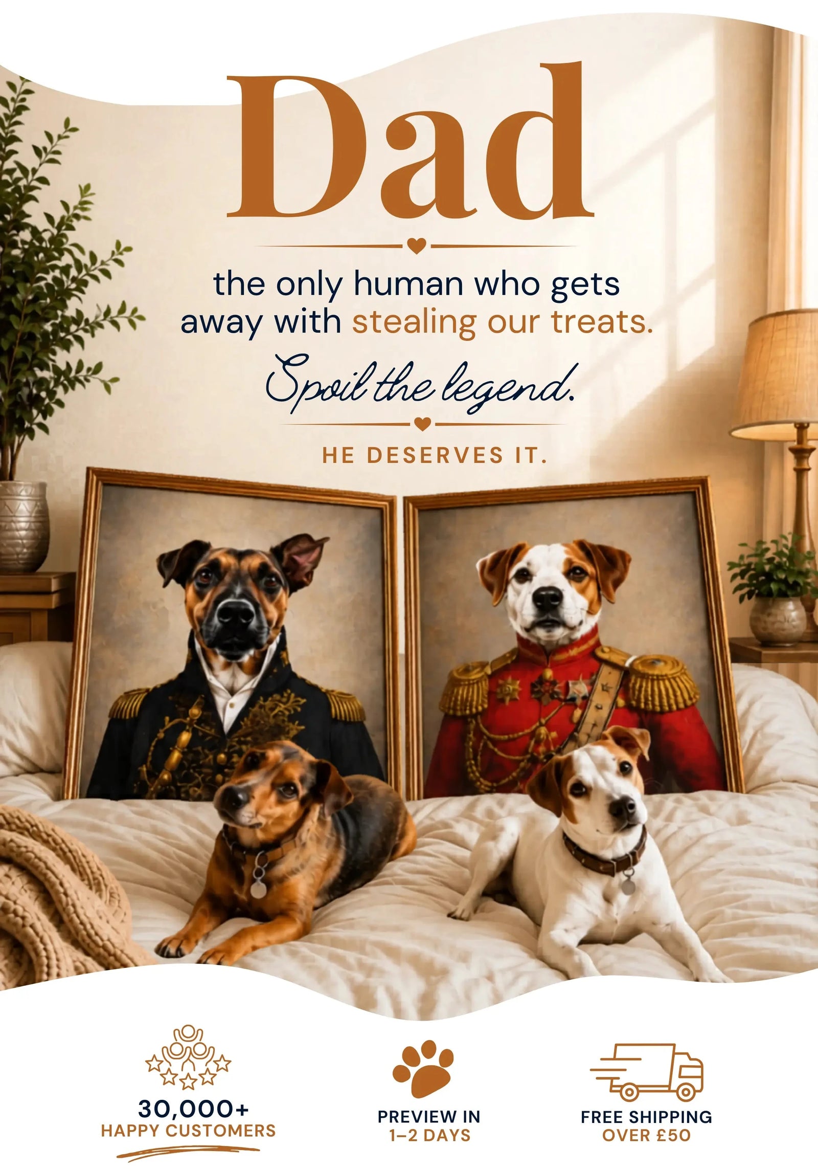 Two dogs sitting on a couch with framed pet portraits of themselves, text about 'Dad', and promotional elements.