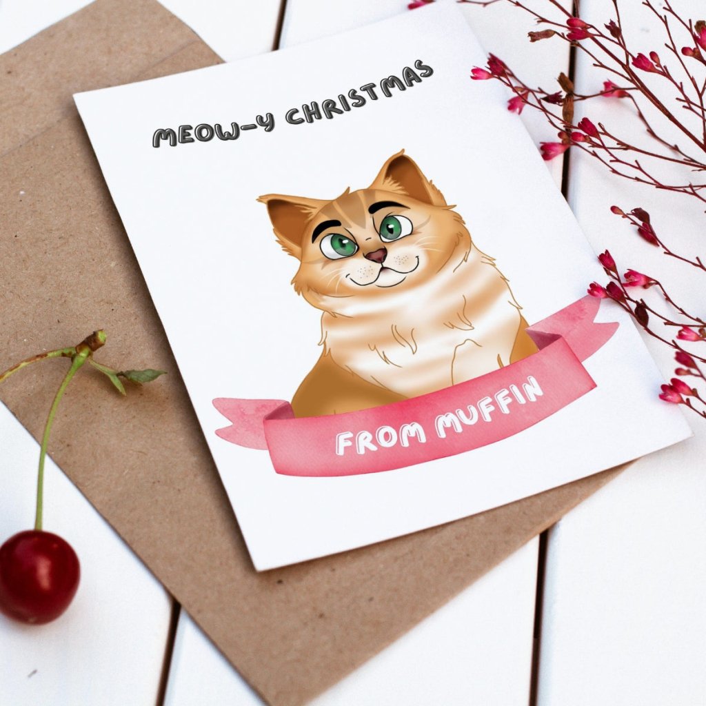 Pet Portraits | Meowy Christmas Cartoon Cat Greetings Cards | Paw & Glory