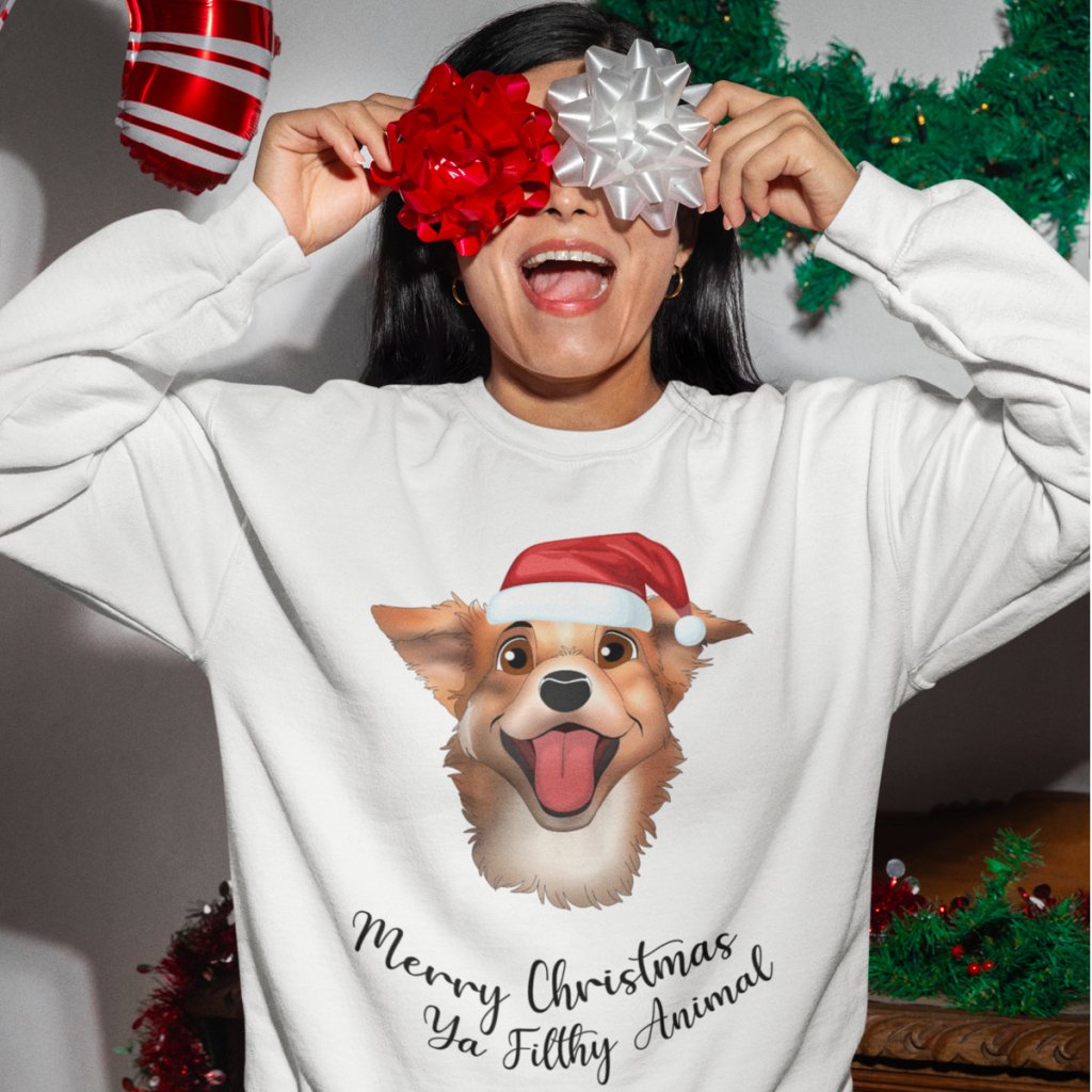 Pet Portraits | Merry Christmas Ya Filthy Animal Cartoon Pet Face Sweatshirt | Paw & Glory