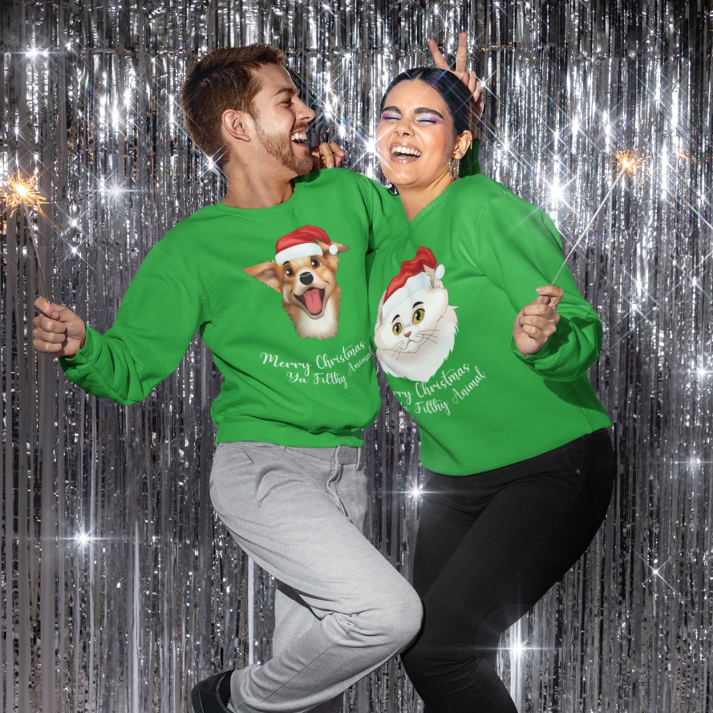 Pet Portraits | Merry Christmas Ya Filthy Animal Cartoon Pet Face Sweatshirt | Paw & Glory