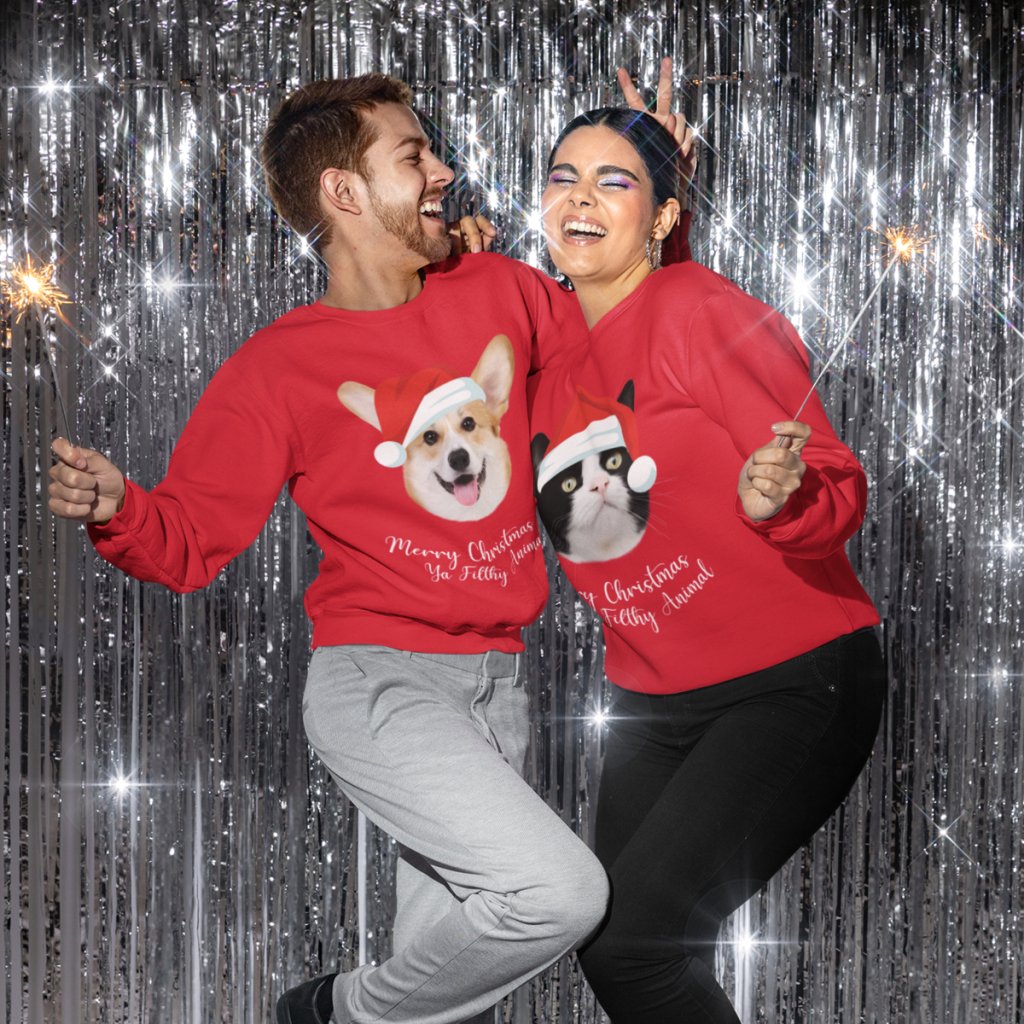 Pet Portraits | Merry Christmas Ya Filthy Animal Minimalist Pet Face Sweatshirt | Paw & Glory