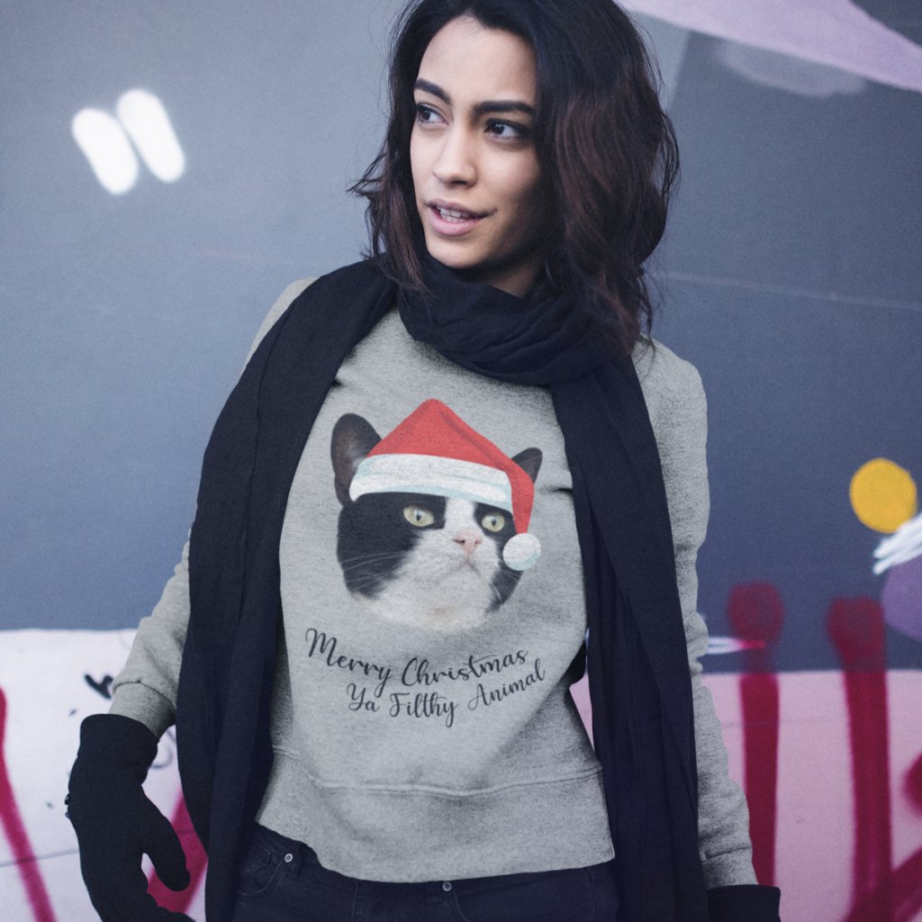 Pet Portraits | Merry Christmas Ya Filthy Animal Minimalist Pet Face Sweatshirt | Paw & Glory