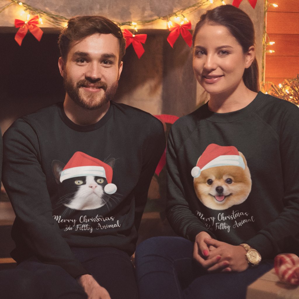 Pet Portraits | Merry Christmas Ya Filthy Animal Minimalist Pet Face Sweatshirt | Paw & Glory