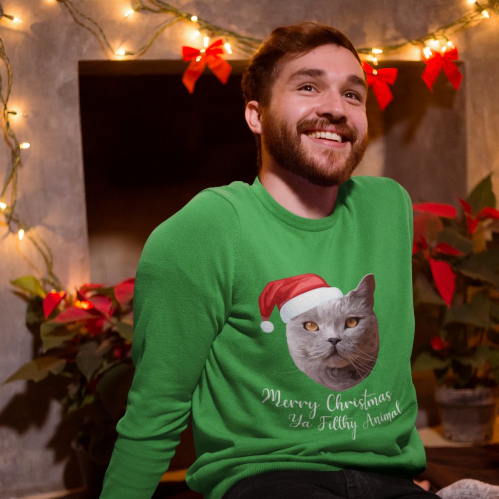 Pet Portraits | Merry Christmas Ya Filthy Animal Modern Pet Face Sweatshirt | Paw & Glory