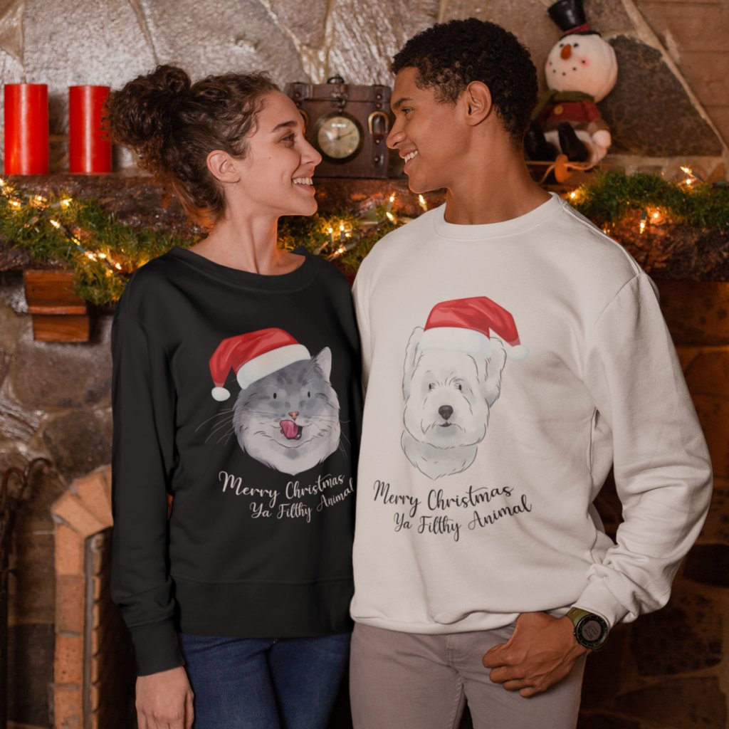 Pet Portraits | Merry Christmas Ya Filthy Animal Watercolour Pet Face Sweatshirt | Paw & Glory