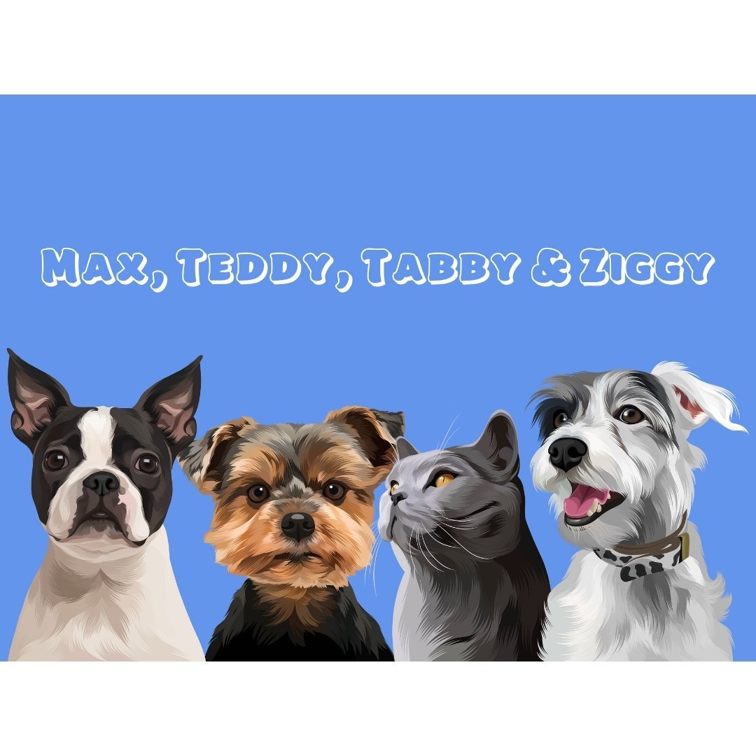 Pet Portraits | Modern: Custom Digital Download Four Pet Portrait (Half Body) | Paw & Glory