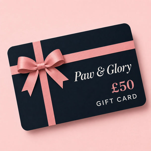 Paw & Glory gift card with a pink ribbon on a pink background for pet portraits