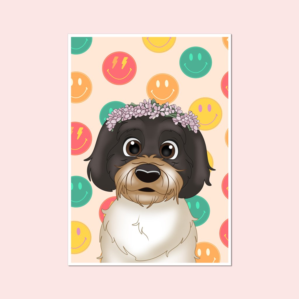 Pet Portraits | Pink Blossom Crown: Cartoon Pet Poster | Paw & Glory