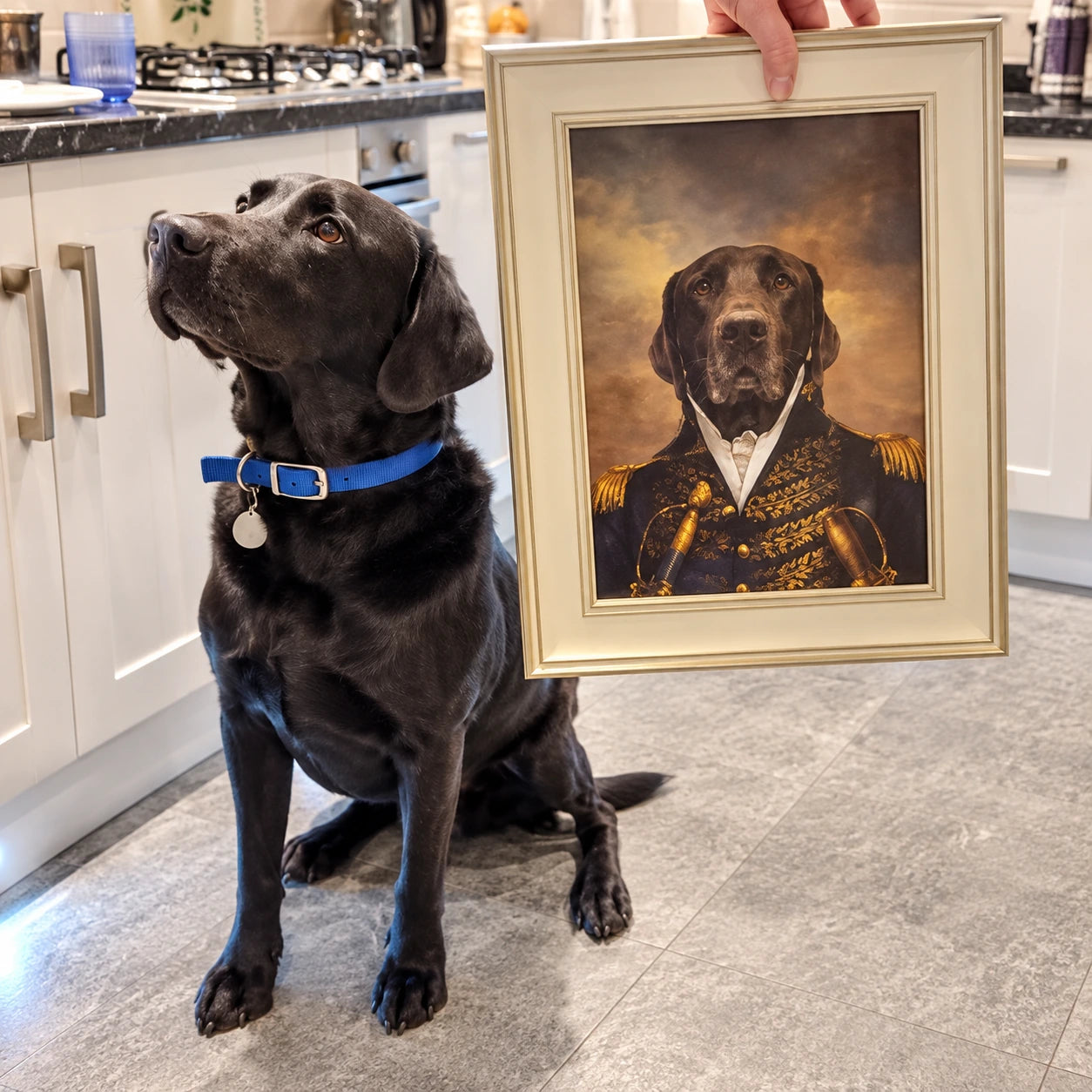 A black dog wearing a blue collar sits in a kitchen while a hand holds up a framed custom portrait of the dog dressed in a military uniform, styled like a historical painting.